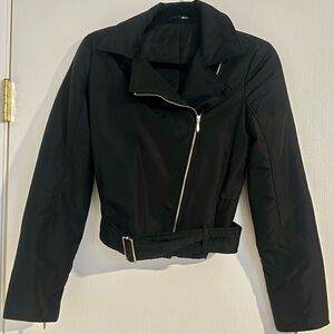 Theory Black Cropped Moto Jacket Belted Asymmetrical Zip Size 0